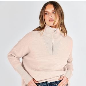 Quarter Zip Ribbed Pullover Top Beige Tan Large